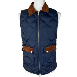 J Crew Women's Down Excursion Vest Sz XS Navy Blue Brown Corduroy Trim